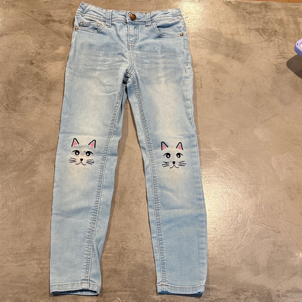 Kids Light Blue Cat Embroidered Jeans